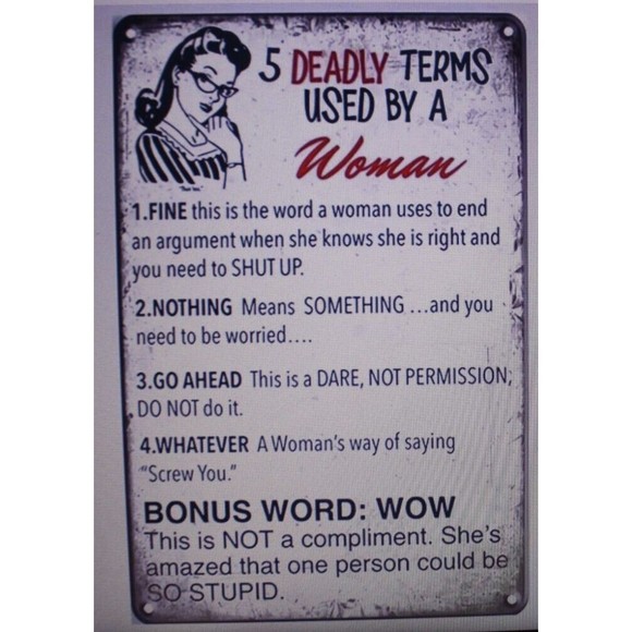 5 Deadly Terms Used By A Woman Funny Sign 8" x 12" Aluminum Metal Sign Home Deco - Picture 1 of 4